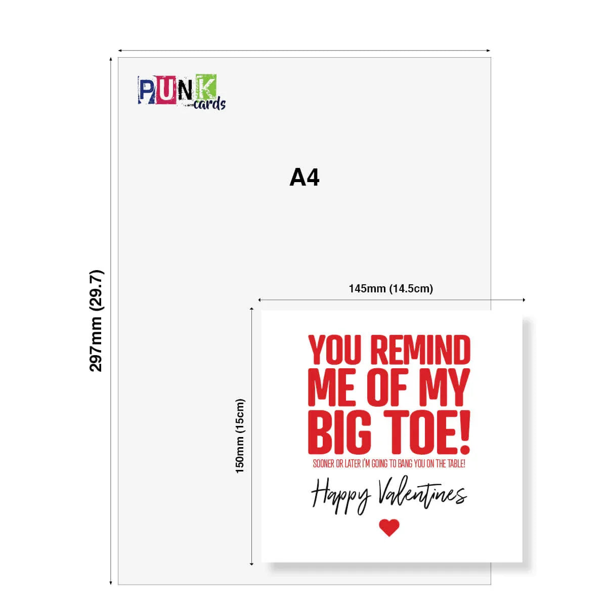 Funny rude Valentine's Day card with bold red text, cheeky message, size comparison to A4.
