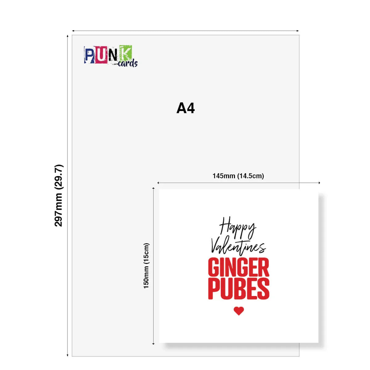 Funny rude Valentine's Day card with bold red text and heart, shown next to A4 size guide.