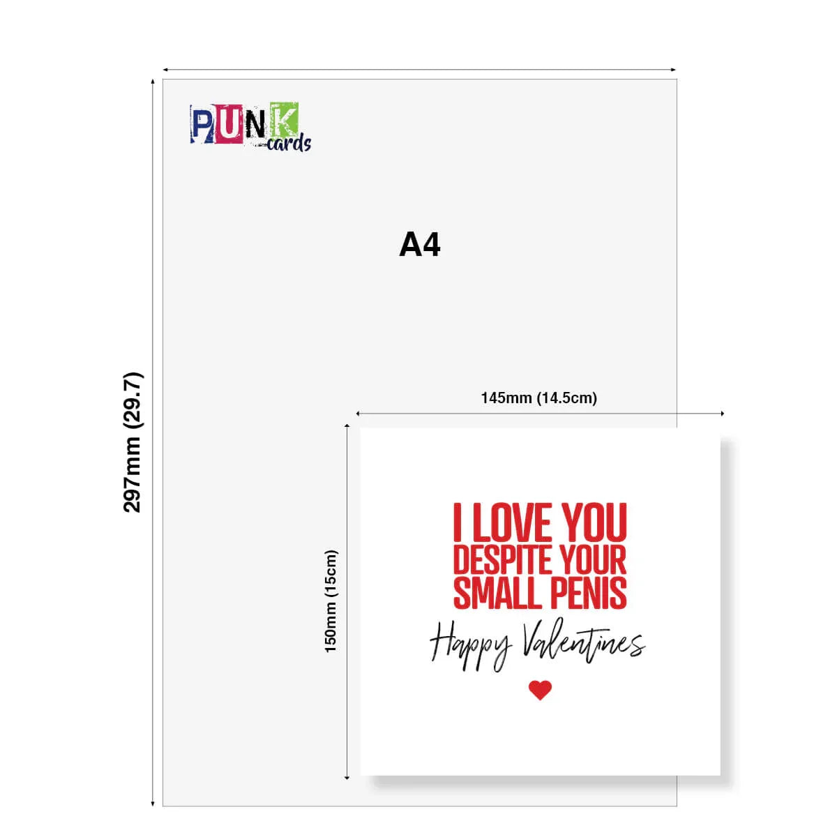 Funny rude Valentine’s Day card with bold red and black text, card dimensions shown.