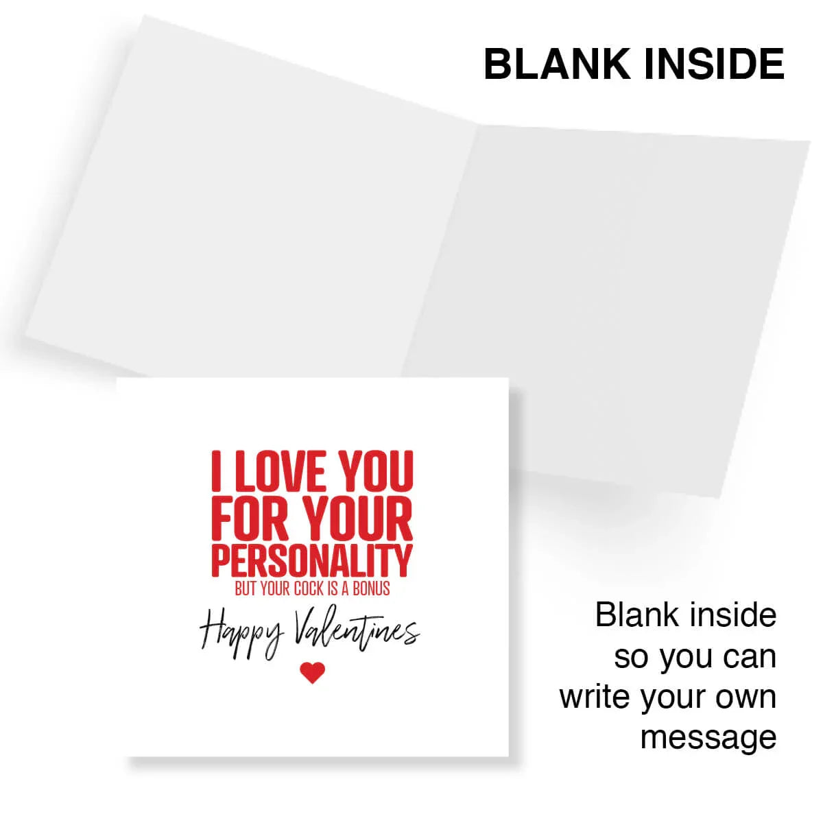 Rude funny Valentine's Day card with bold red text and heart, blank inside for personal message.