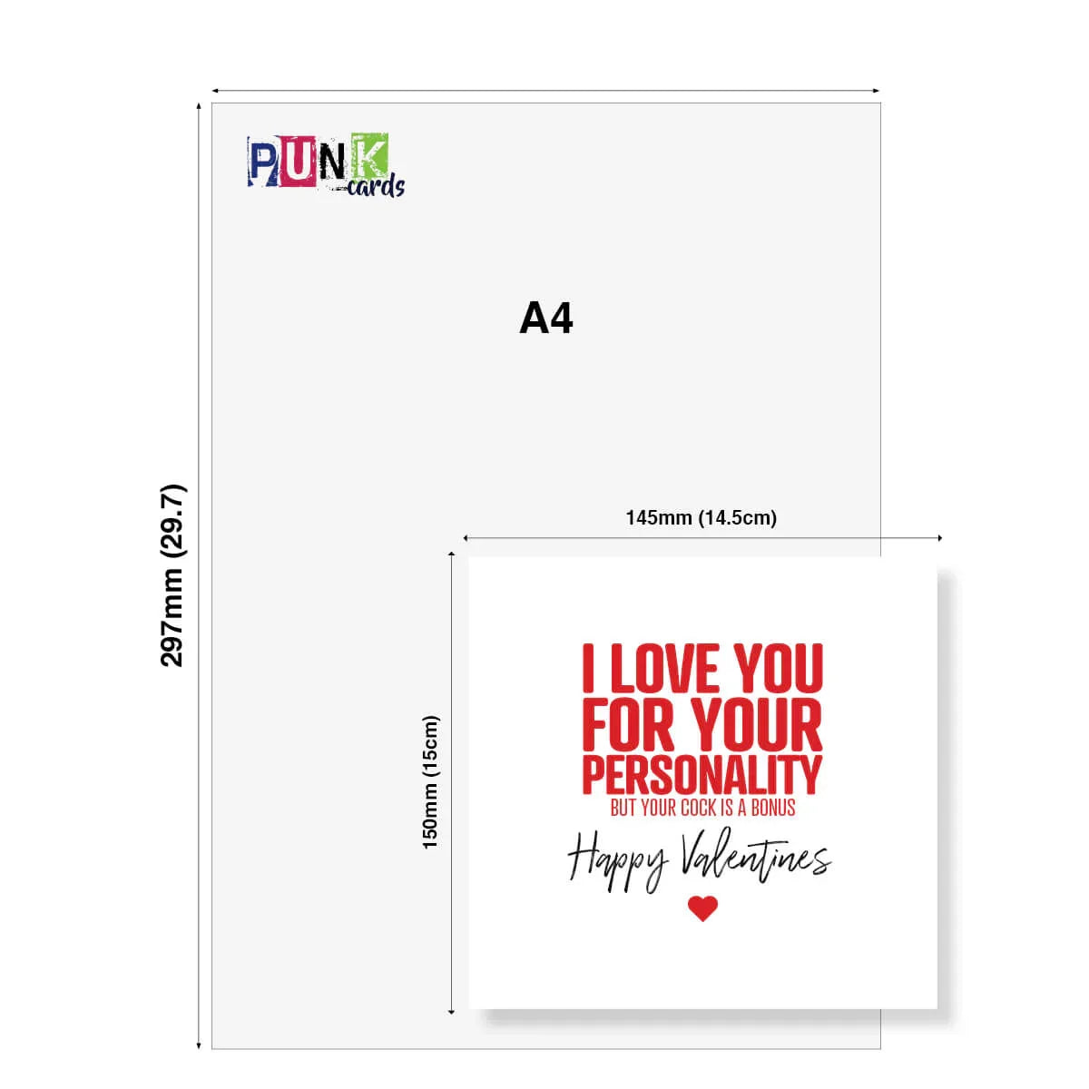 Funny rude Valentine's Day card with bold red and black text, size comparison to A4 paper