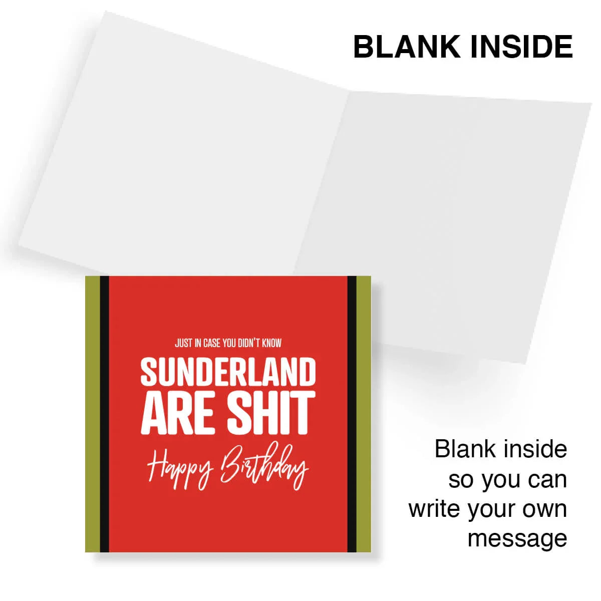 Funny red birthday card with white text reading 'Sunderland are rubbish', blank inside.