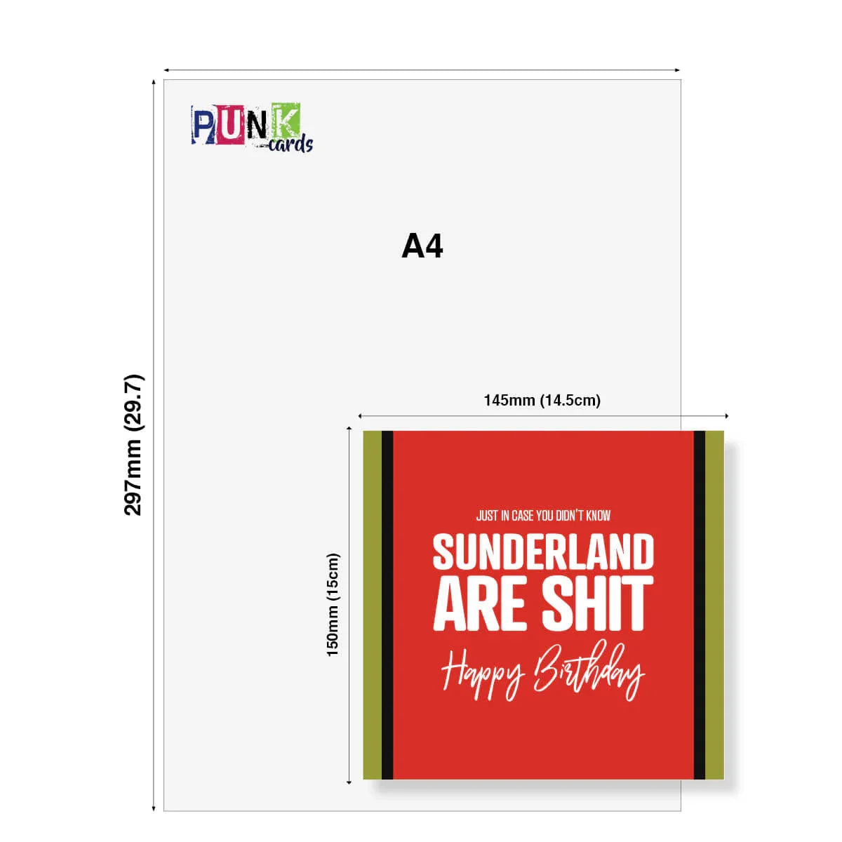 Funny red Sunderland birthday card with bold white text and gold striped edges, size shown against A4 sheet.