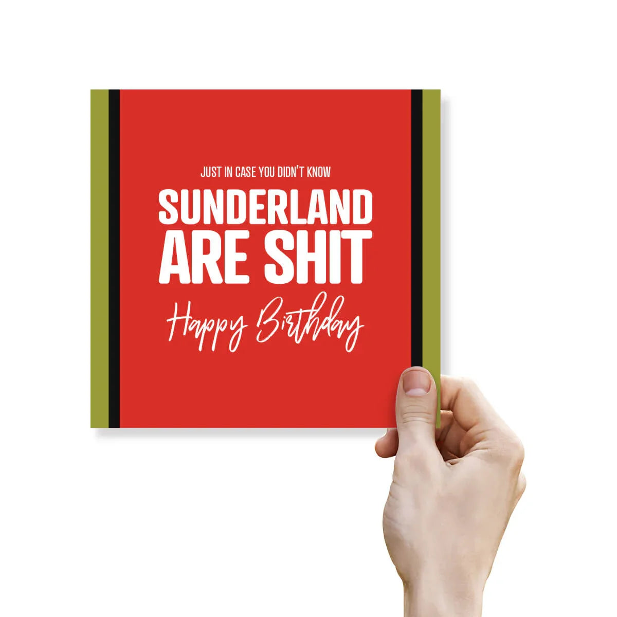 Funny rude red birthday card with white text, hand holding the card, Sunderland themed