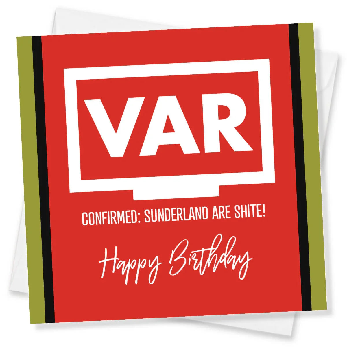 Funny VAR themed birthday card with red background and cheeky message about Sunderland.