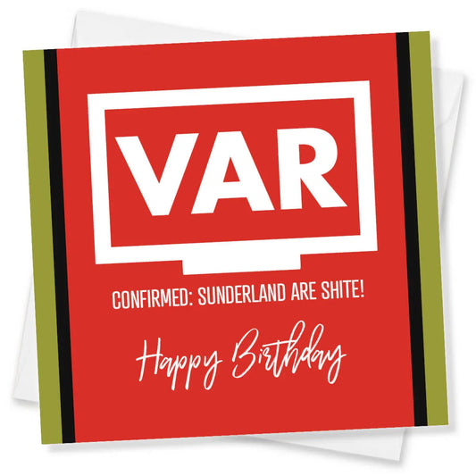 Funny VAR themed birthday card with red background and cheeky message about Sunderland.
