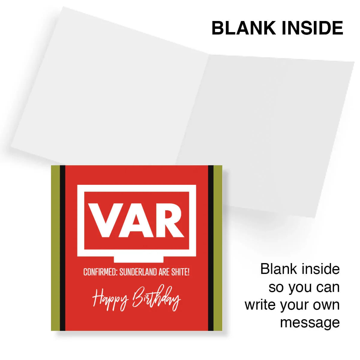 Funny red VAR themed birthday card with cheeky Sunderland joke, blank inside.