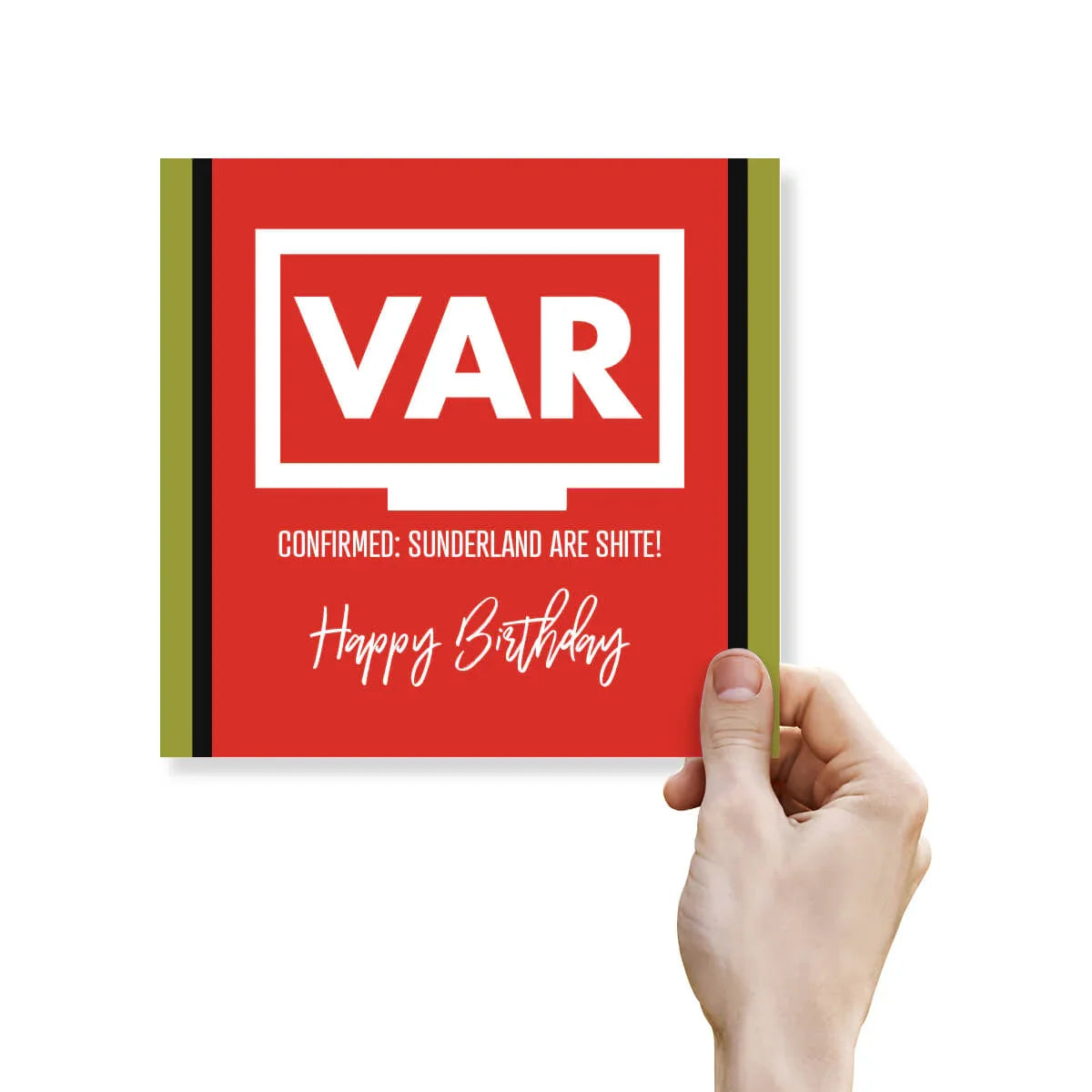 Funny red VAR birthday card with cheeky Sunderland football joke held in hand