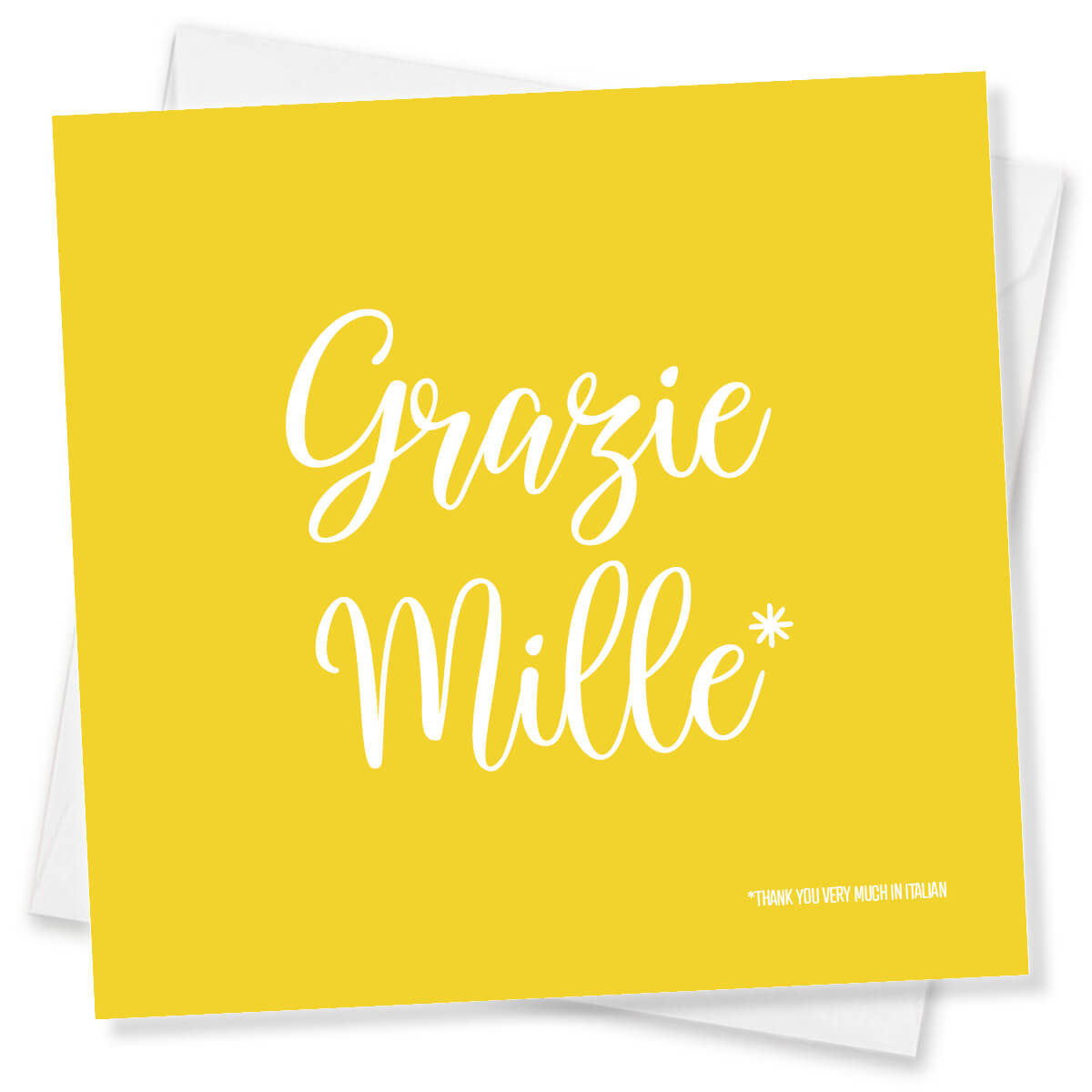 Yellow card with 'Grazie Mille' text on a white background
