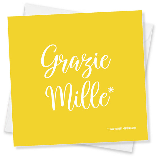 Yellow card with 'Grazie Mille' text on a white background