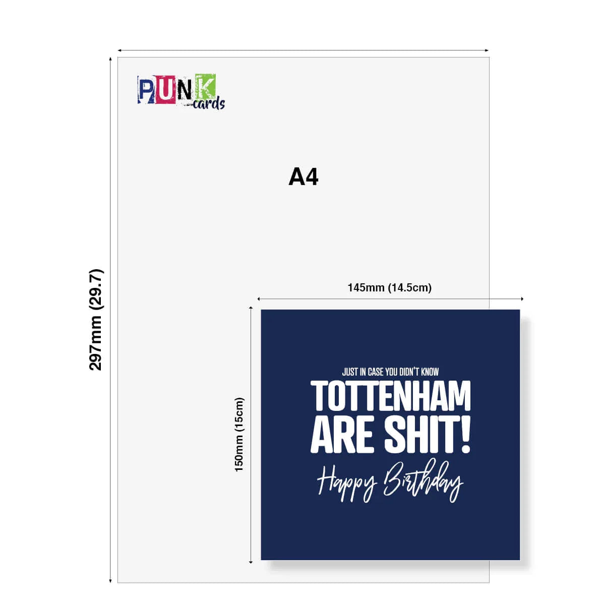 Navy blue card with white text 'TOTTENHAM ARE SHIT! Happy Birthday' on a white background with A4 dimensions displayed.