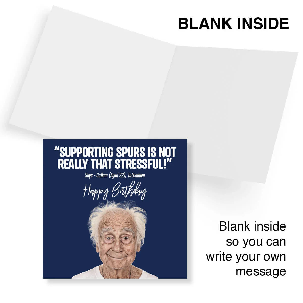 Greeting card with an elderly man's photo and humorous birthday message on a blue background.