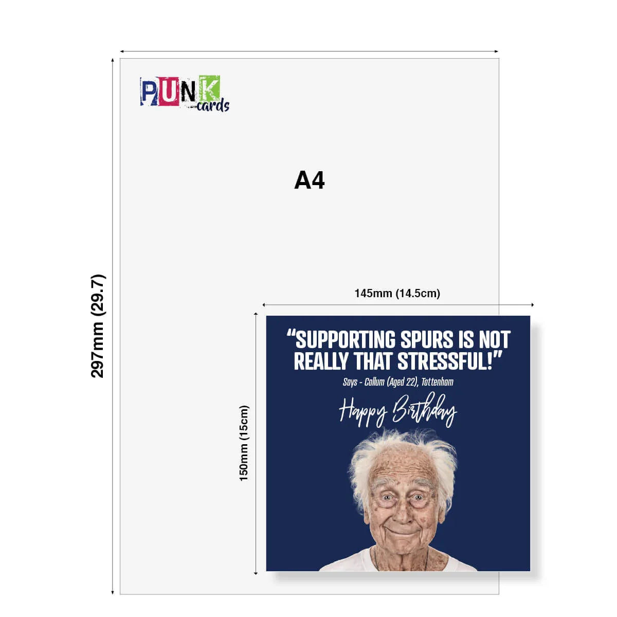 A4 size card with a humorous birthday message and an elderly man's face on a white background.