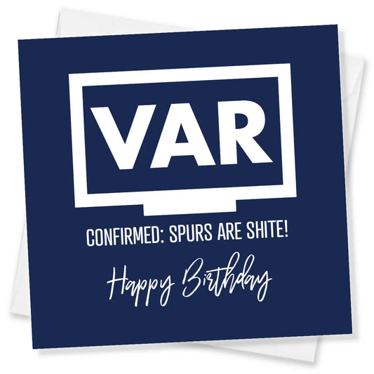 Navy blue birthday card with 'VAR' and humorous text on a white background