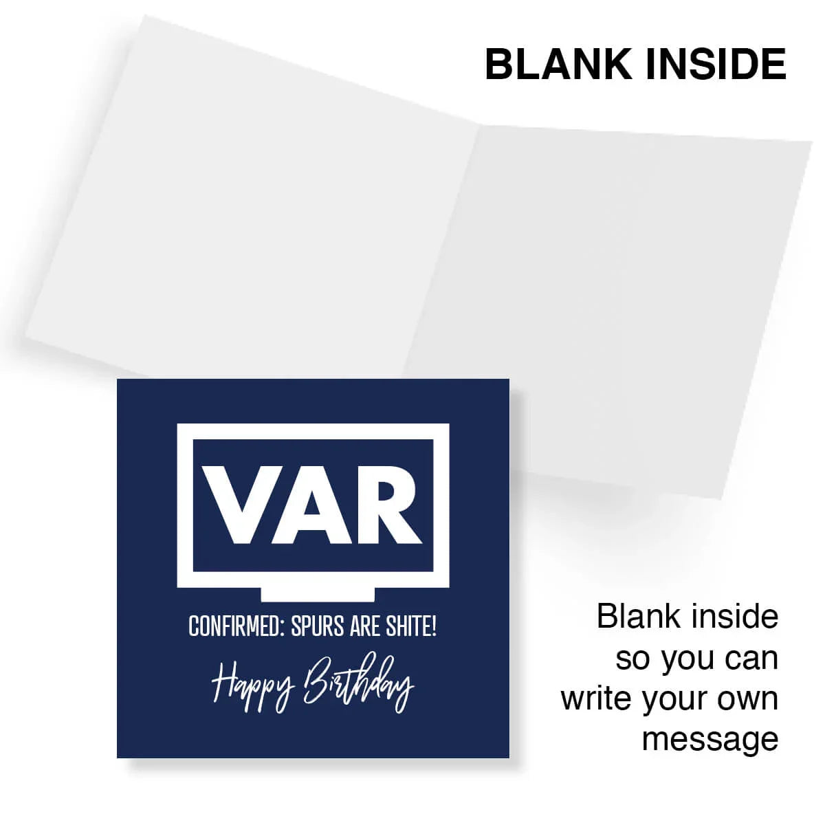 Greeting card with 'VAR' and humorous text on a blue background, with a white envelope.