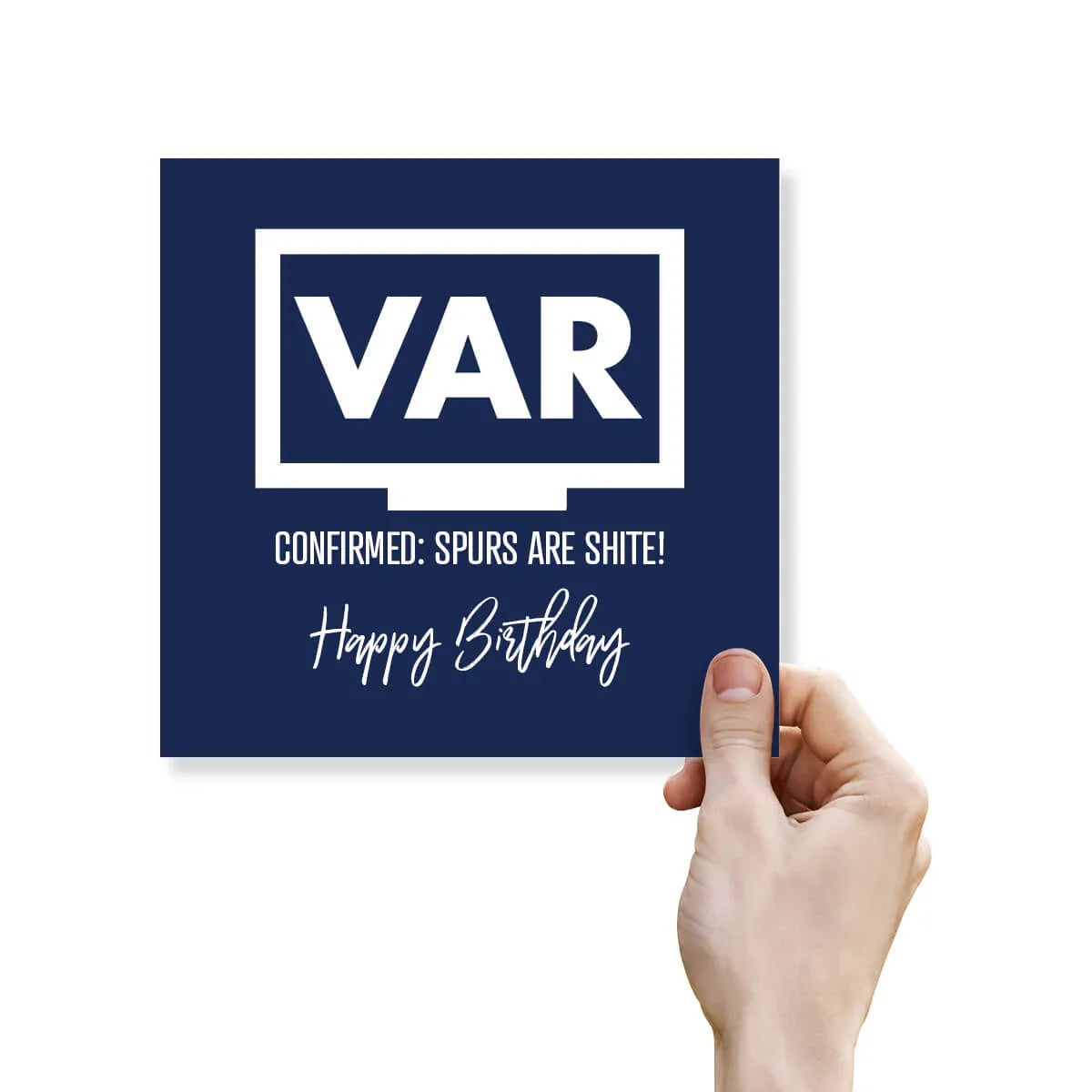 Hand holding a card with 'VAR' and humorous birthday message on a blue background
