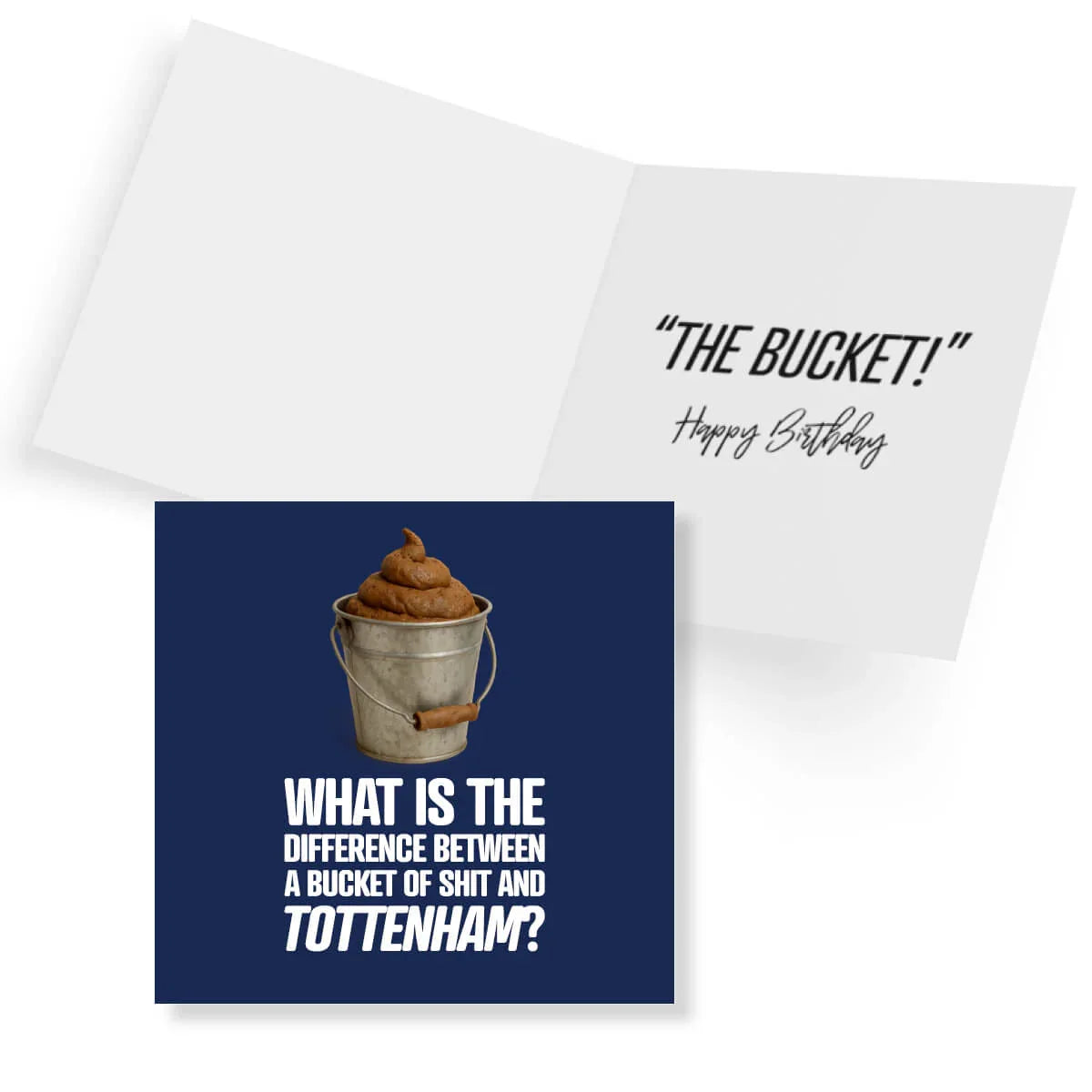 Birthday card with a bucket of poop graphic and humorous text on a blue background