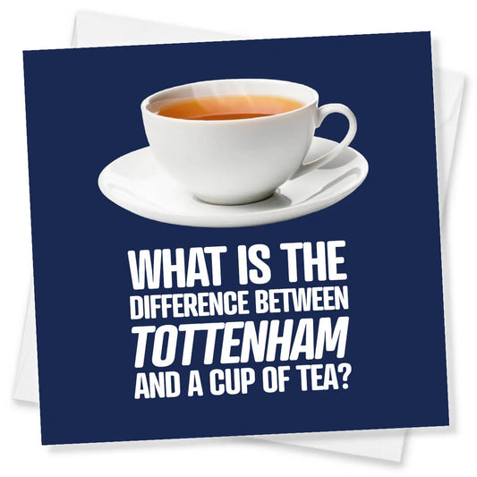 Card with a cup of tea and humorous text on a blue background