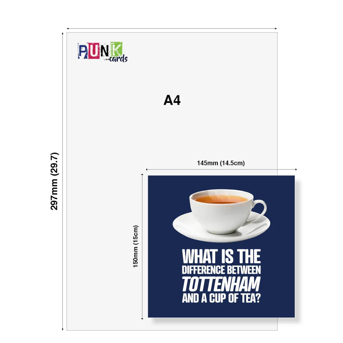 A4 size paper with a printed card featuring a cup of tea and text, branded 'Punk Cards'.