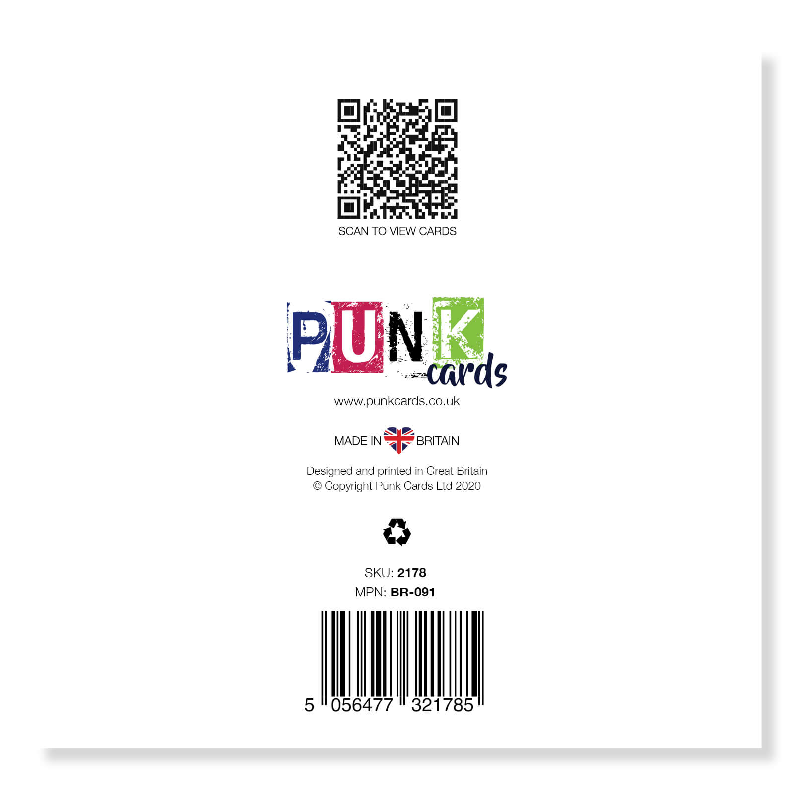 Back of a card with Punk Cards branding, QR code, and barcode on a white background