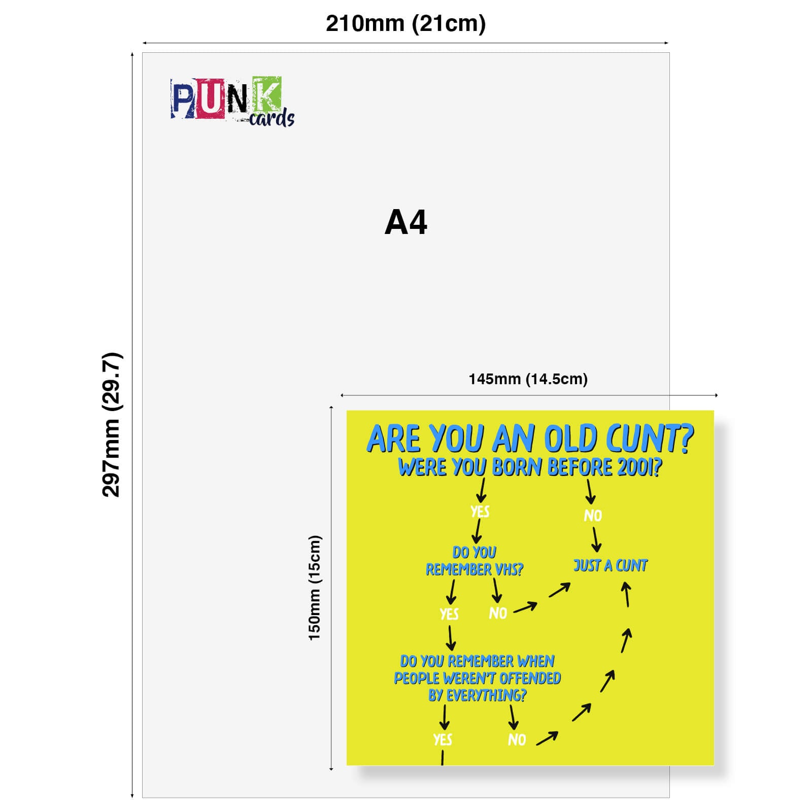 A4 size card with a humorous questionaire design and 'Punk Cards' branding.