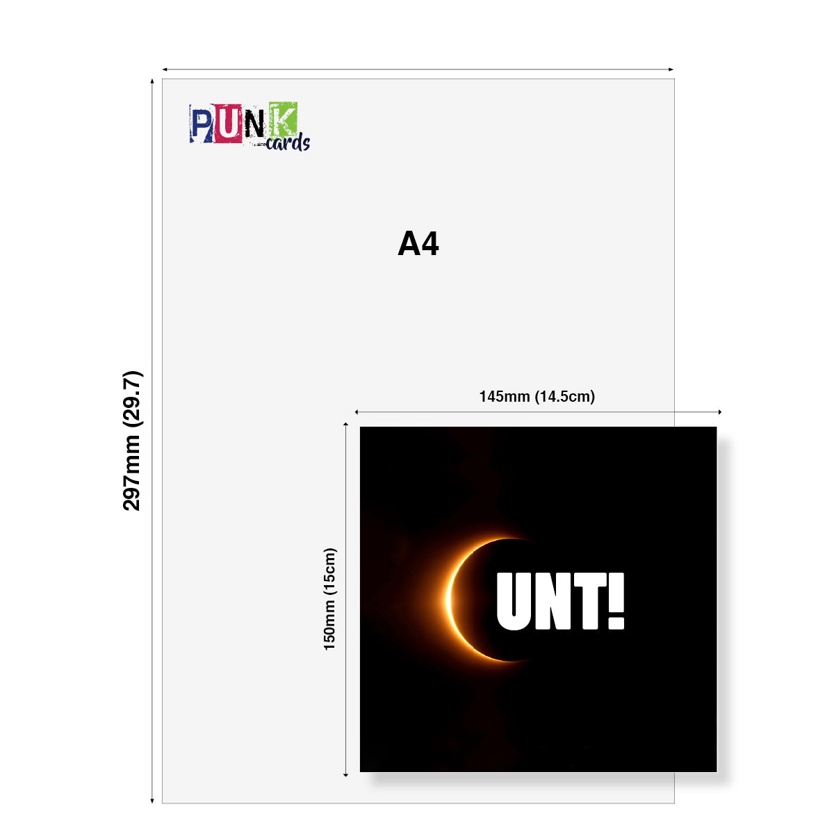 A4 card size preview with dimension annotations: a large light gray sheet labeled A4 and a smaller inset card showing a black background with a glowing orange eclipse and the white text 'UNT!'. The top-left corner of the sheet shows the 'PUNK cards' logo.