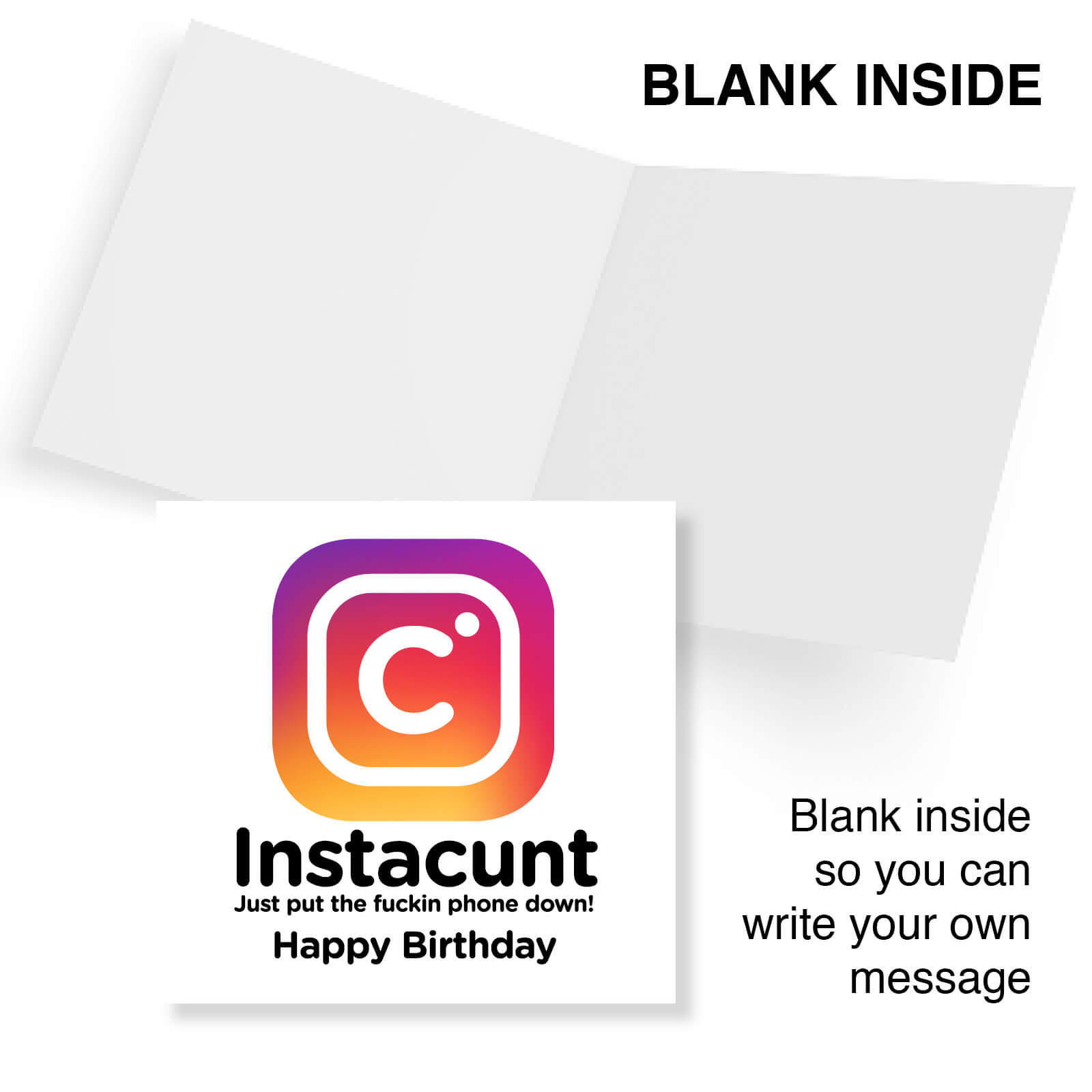 Greeting card with Instacunt logo and text, featuring a colorful gradient design.