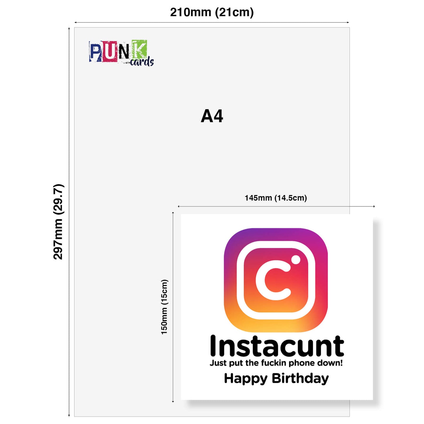 A4 size card with 'Instacunt' design and dimensions labeled.