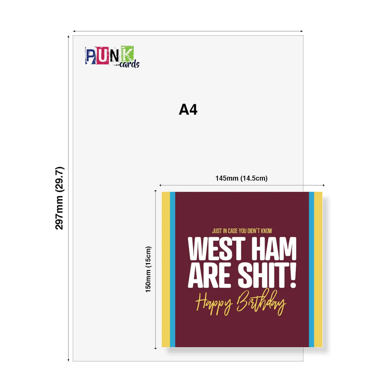 Funny rude West Ham birthday card with bold white and yellow text, shown with size comparison to A4 paper.