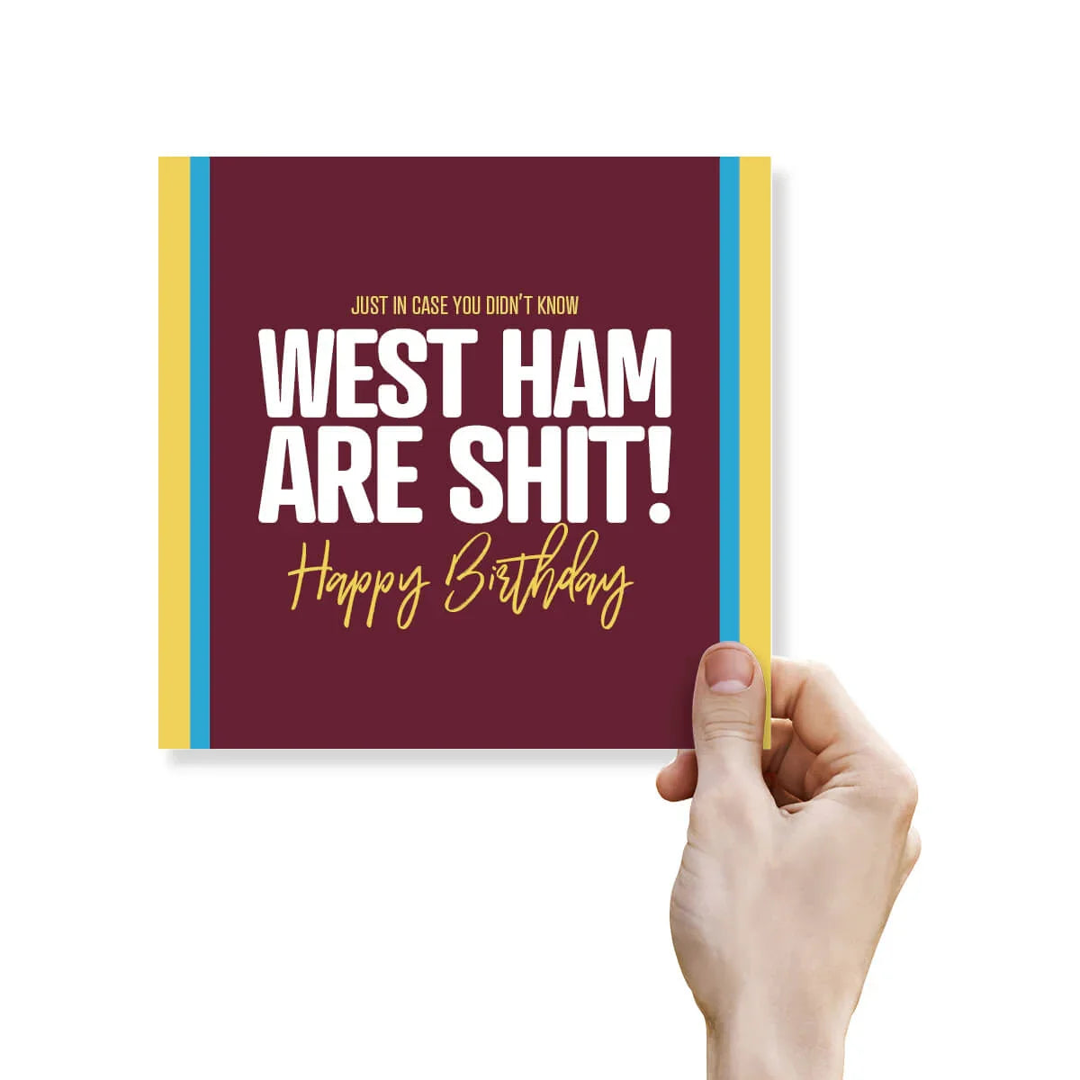 Funny rude West Ham birthday card with bold text, maroon background, and yellow-blue borders.
