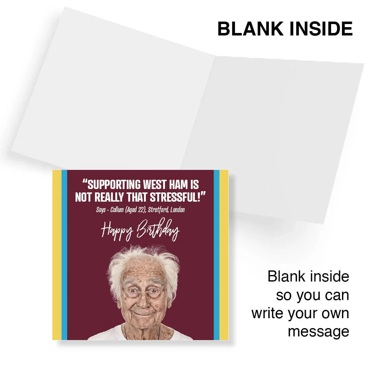 Funny West Ham birthday card with an elderly man, maroon background, blank inside