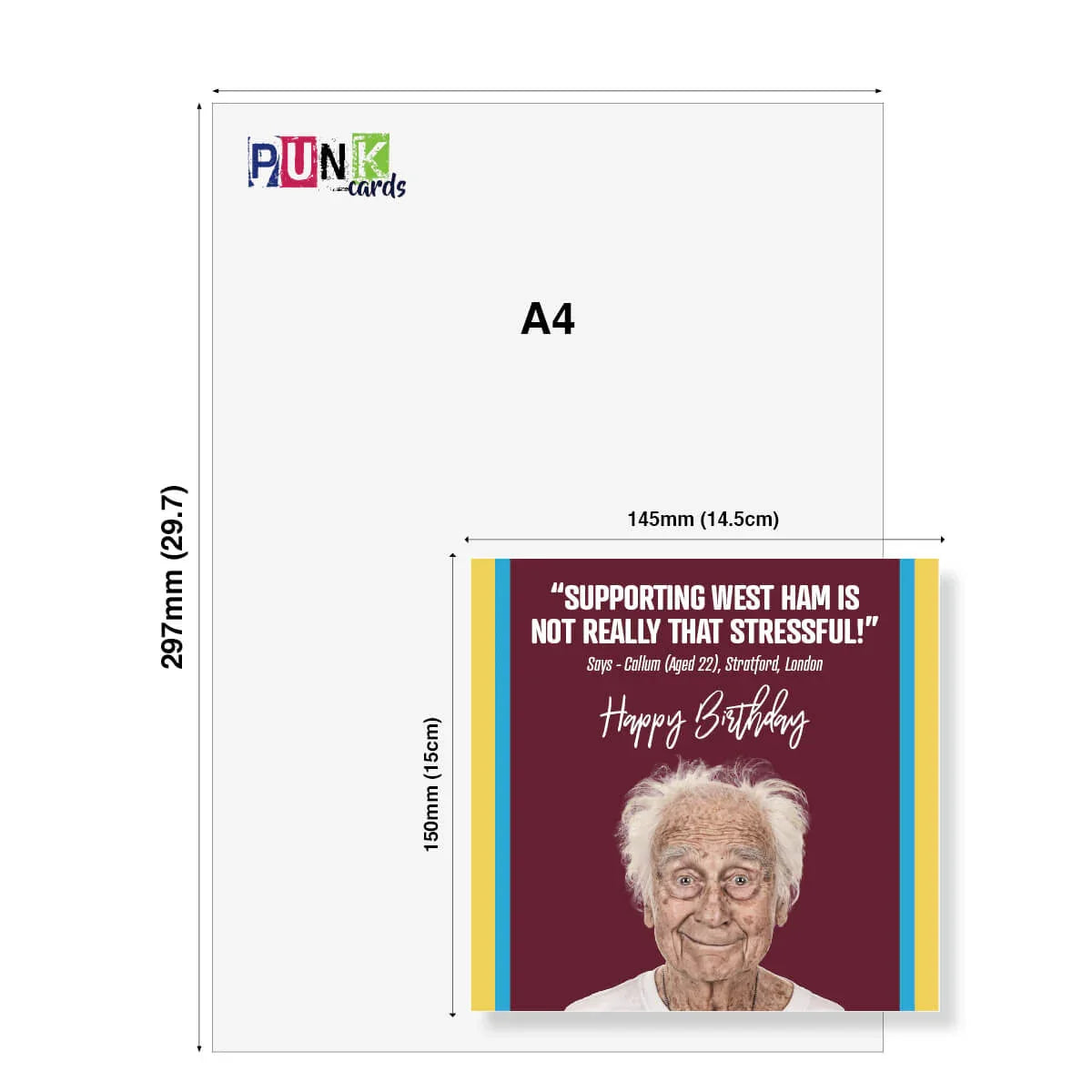 Funny West Ham birthday card with elderly man, quote, and colorful border, size compared to A4 sheet.