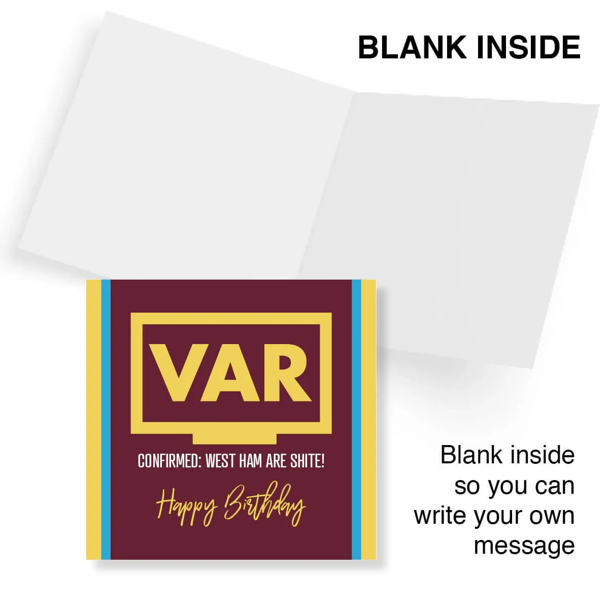 Funny West Ham VAR birthday card with bold text and blank inside for custom message