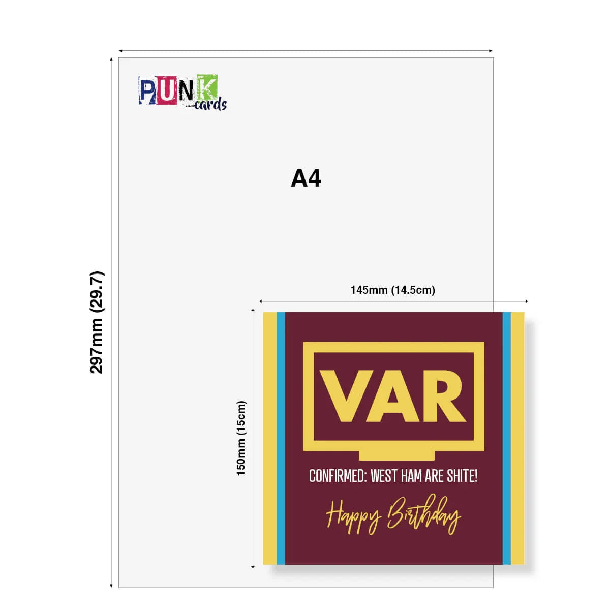 Funny West Ham VAR birthday card with maroon, yellow, and blue design, A5 size comparison.