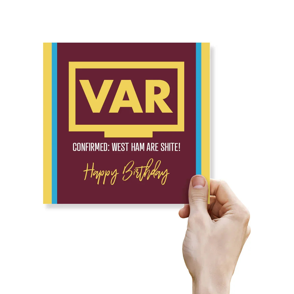 Funny rude birthday card with VAR, maroon and yellow design, held in a hand