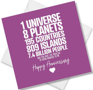 Funny Anniversary Card saying I universe 8 planets 195 countriesTo my amazing beautiful wife